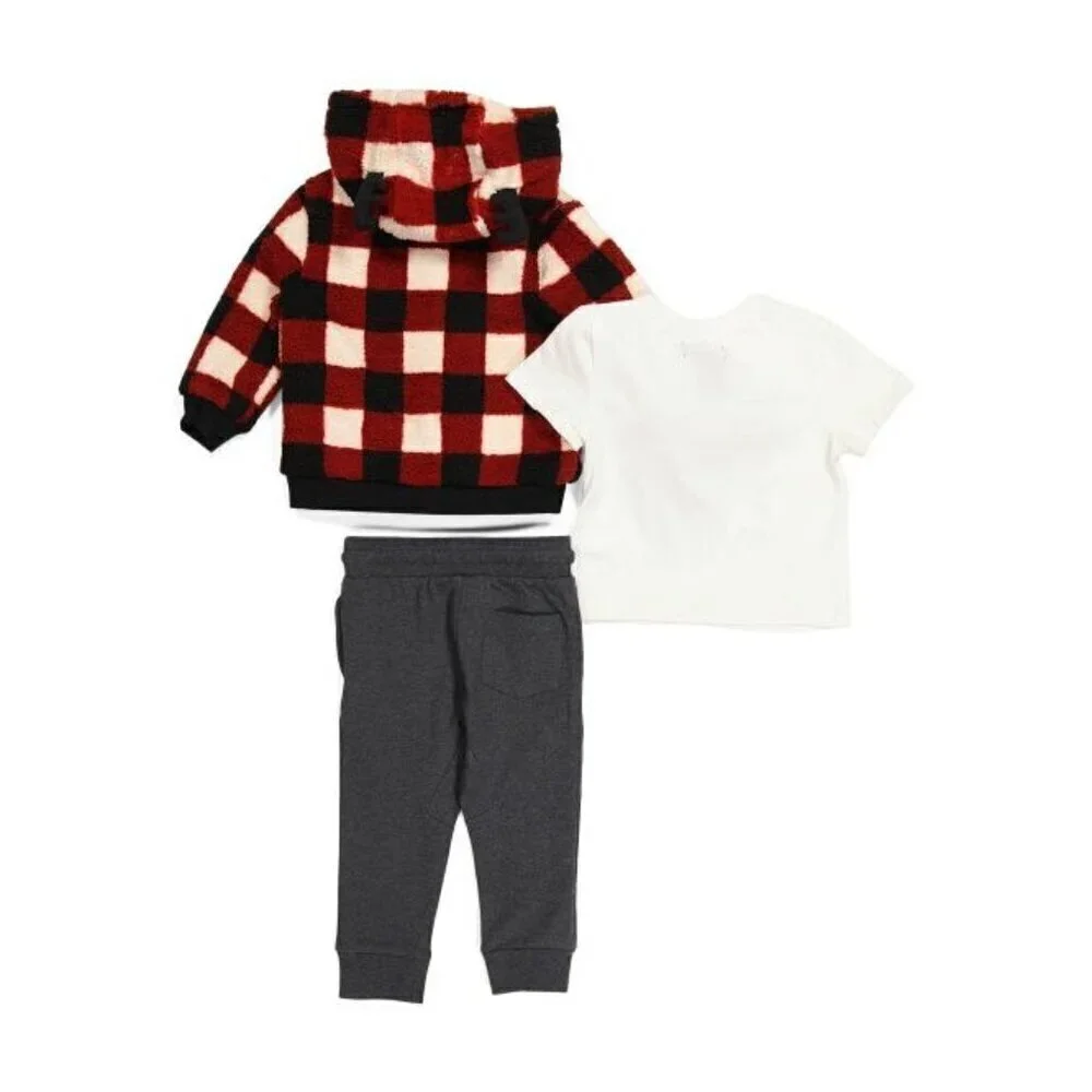 Infant Boys 3pc Reindeer Plaid Sherpa hoodie Jacket & Joggers Set Red/Black 12M